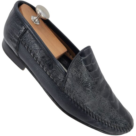 Aldo Bruè Italy Exotic Navy Blue Ostrich Leg Dress Shoe Men 10.5 Slip-on Loafers - Picture 2 of 11